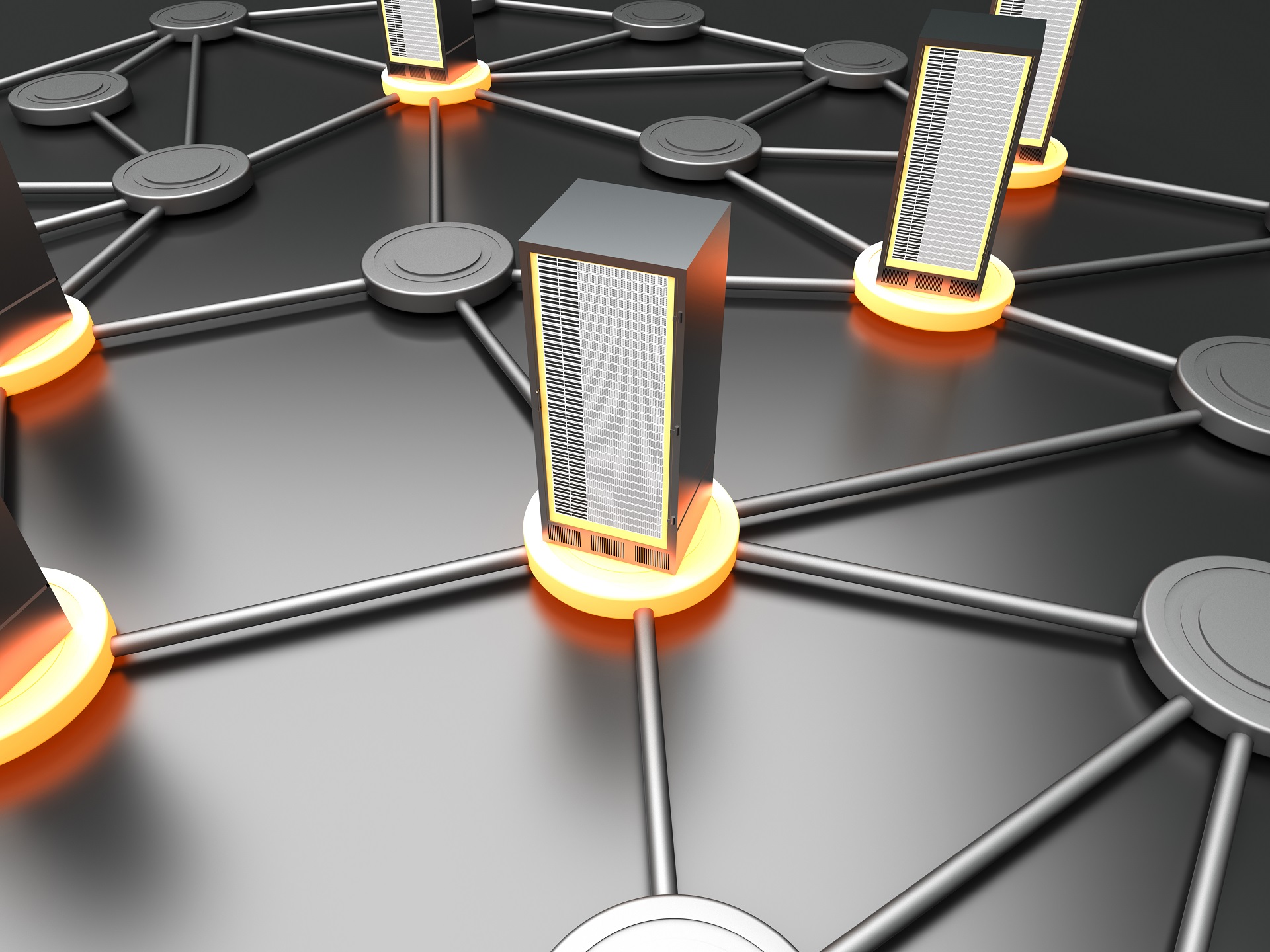Connected cloud of 19 inch server towers. 3D rendered illustration.